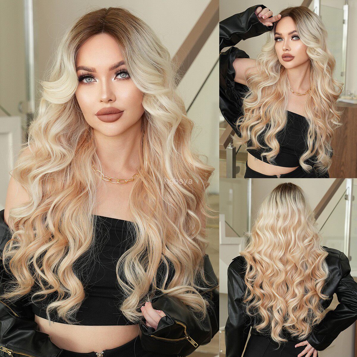 欧美假发女小T蕾丝中分长卷发假发头套小挑染波浪卷长发Lace Wigs