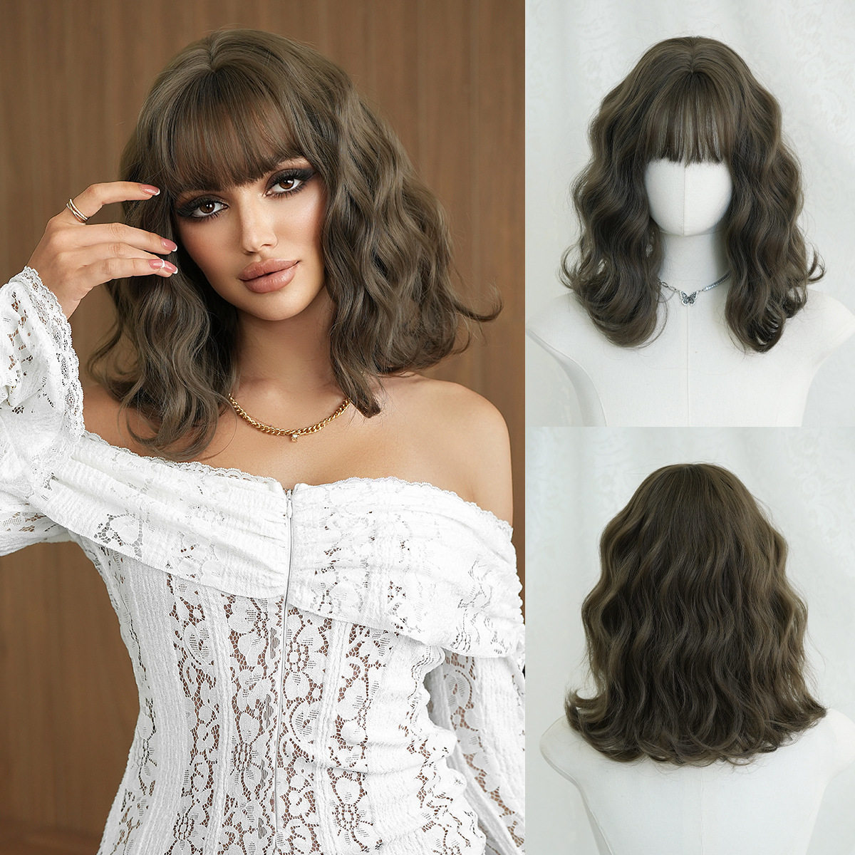 冷棕色假发女齐刘海羊毛卷短发全头套欧美蓬松自然短卷发假发wigs