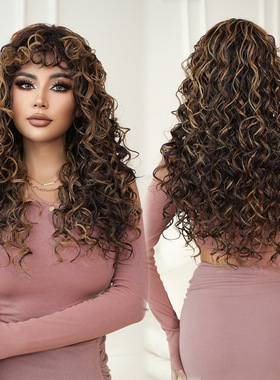 非洲烤棕色假发女卷刘海弹簧卷长发假发头套欧美弯曲卷长卷发wigs