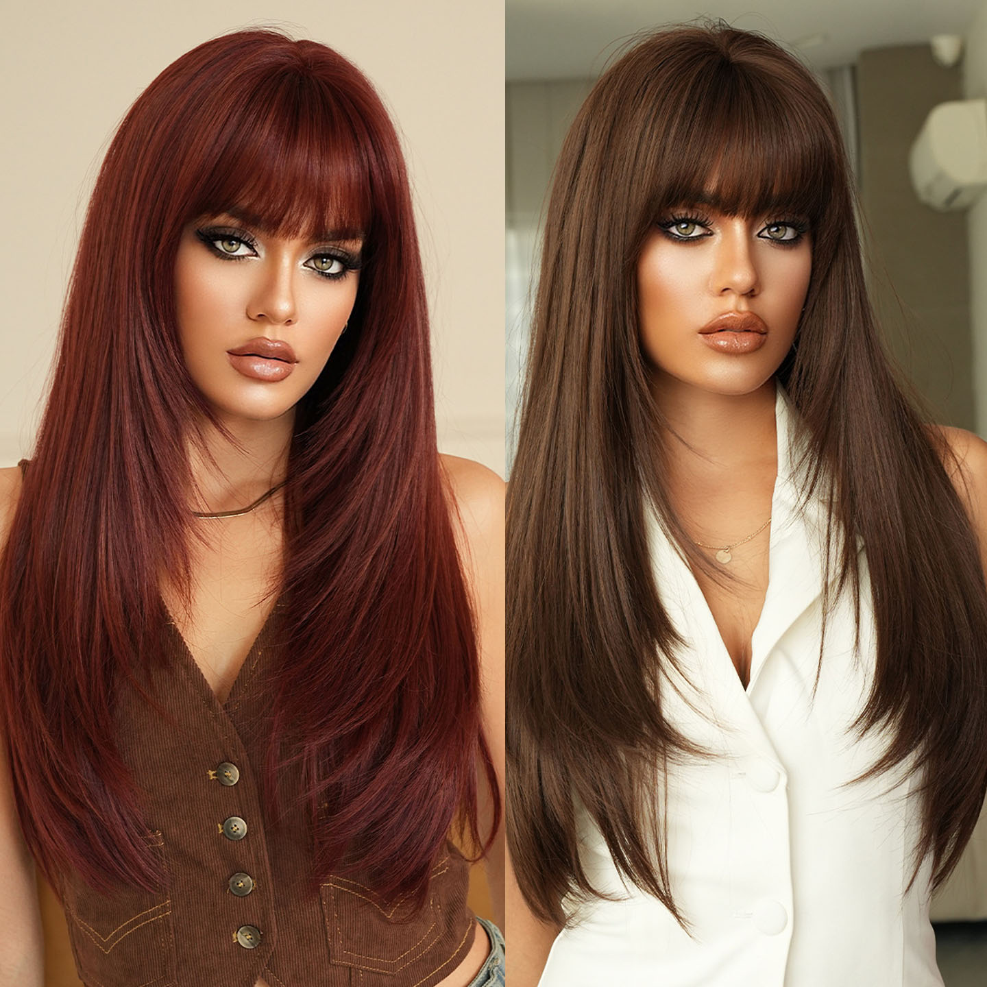 慕斯棕色假发女刘刘海多层次长直发假发头套欧美蓬松仿真长发wigs