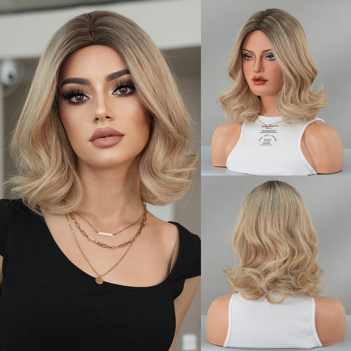 欧美假发女中分齐肩短卷发假发套仿真亚麻金色短发Curly hair wig