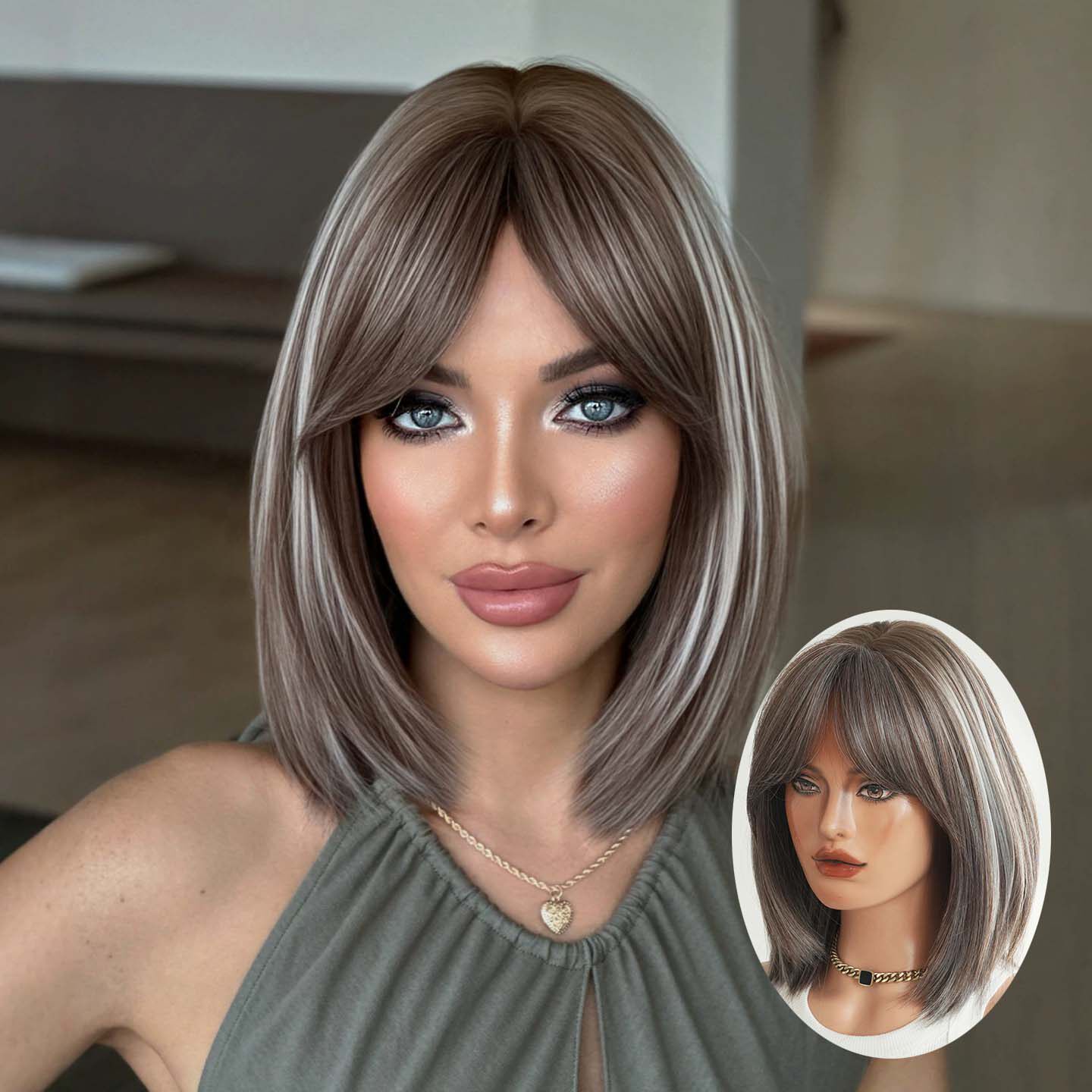 高智灰挑染假发女八字刘海短直发假发套欧美风中分短发short wigs