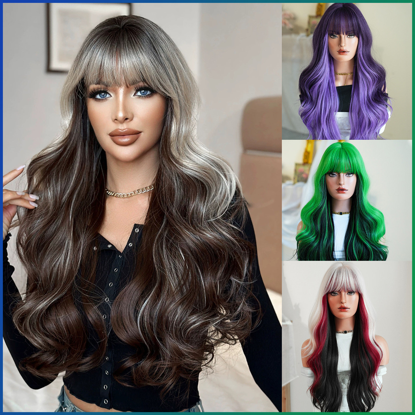 欧美假发女时尚大波浪长卷发假发全头套紫绿色彩色渐变long wigs