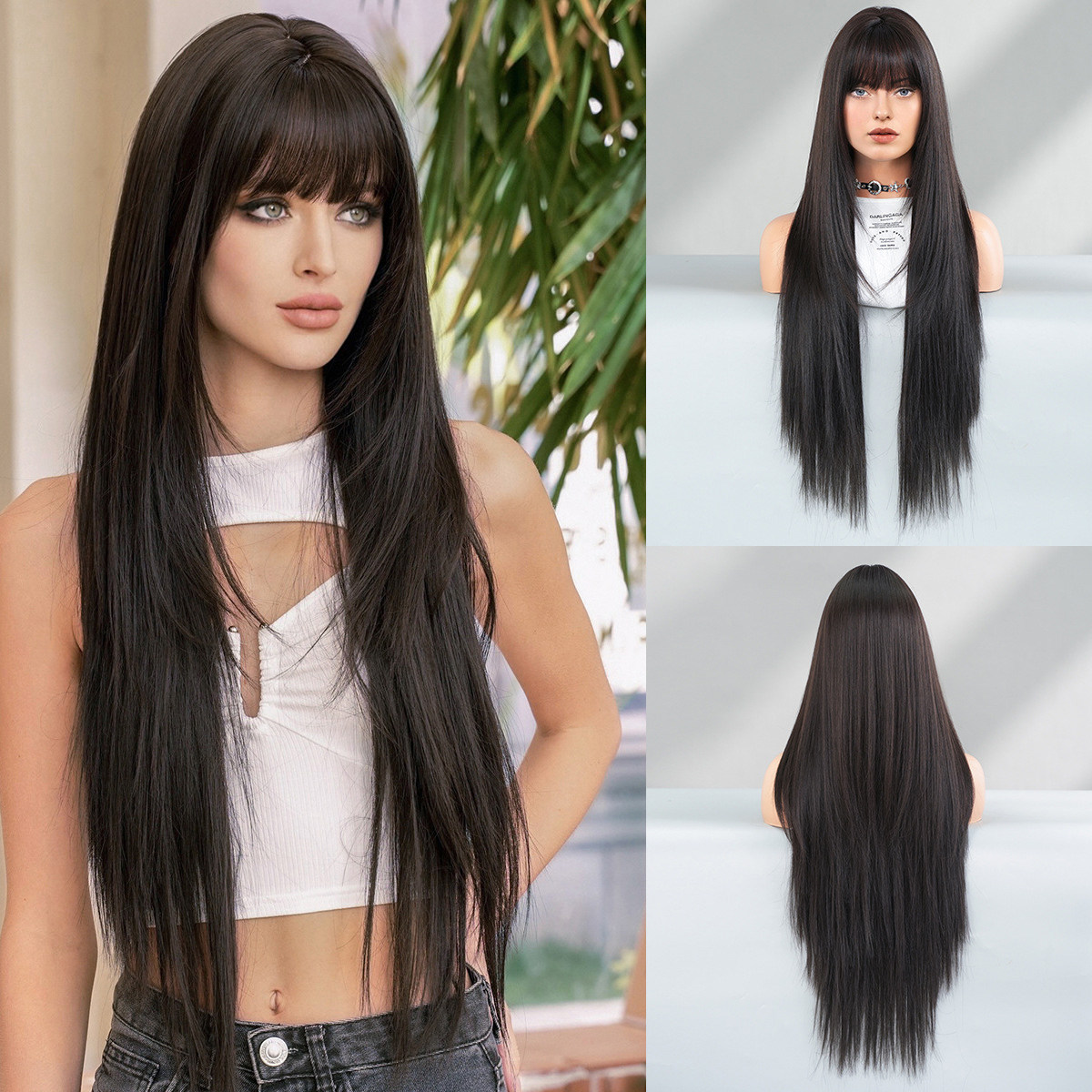 欧美假发女高层次超长直发假发全头套时尚仿真齐刘海黑长直wigs
