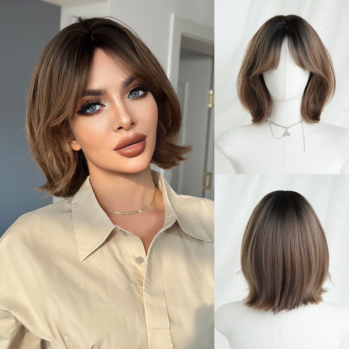 焦茶棕色假发女中分八字刘海短发假发套自然仿真发外扣波波头wigs