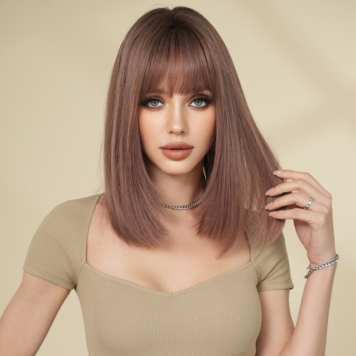 欧美显白假发女齐刘海短发假发头套仿真发粉紫色短直发齐肩发wigs
