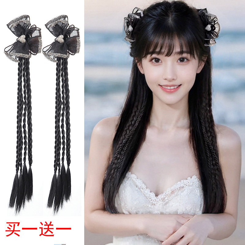 甜美假发女抓夹式碎钻蝴蝶结麻花辫子马尾假发新中式仿真长发马尾