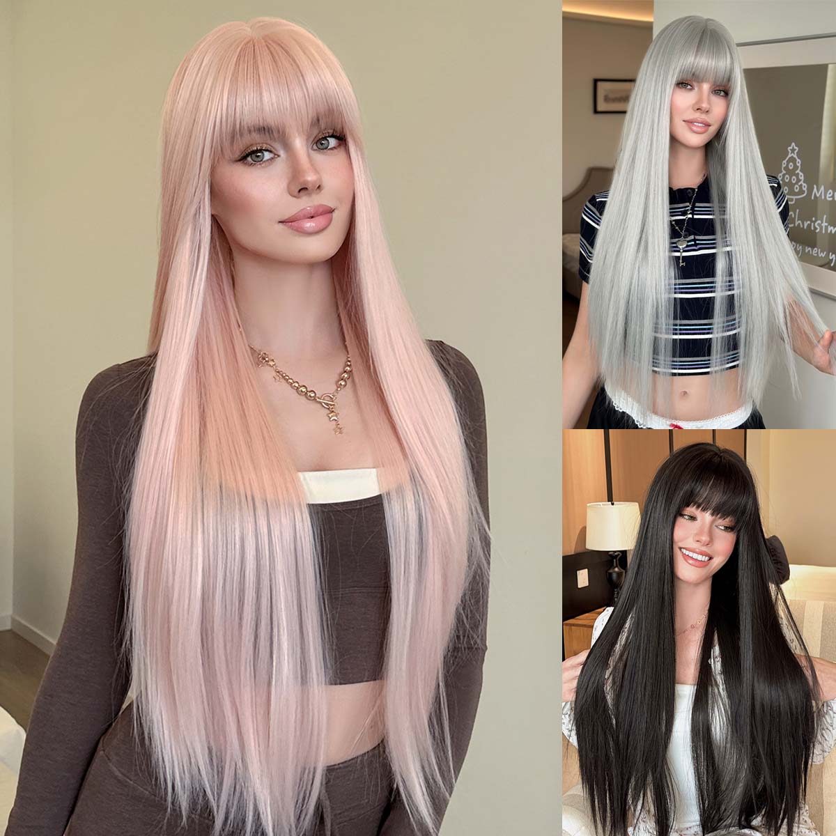 欧美假发女超长直发齐刘海假发全头套节日派对粉灰黑长直long wig