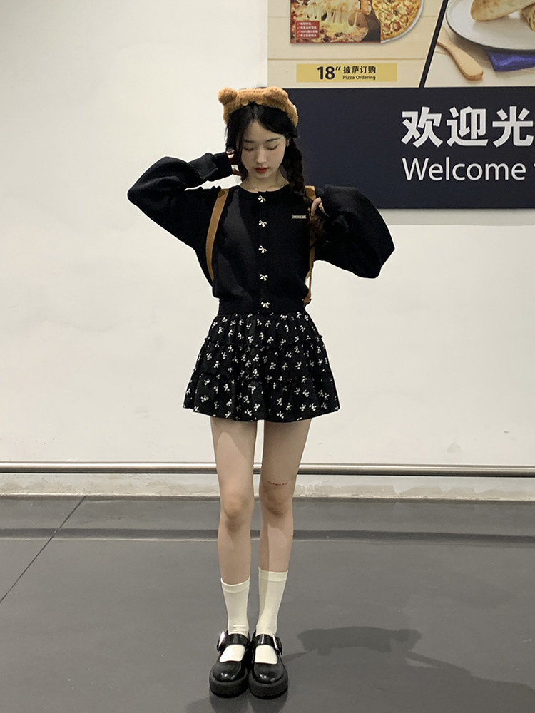 루샤오 투안투안 리본 니트 스웨터 꽃무늬 스커트 정장 2024 겨울 새 스타일 착용 프렌치 스커트