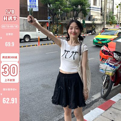 陆小团团设计感蝴蝶结印花短袖T恤女2024春季新款韩系甜辣小上衣