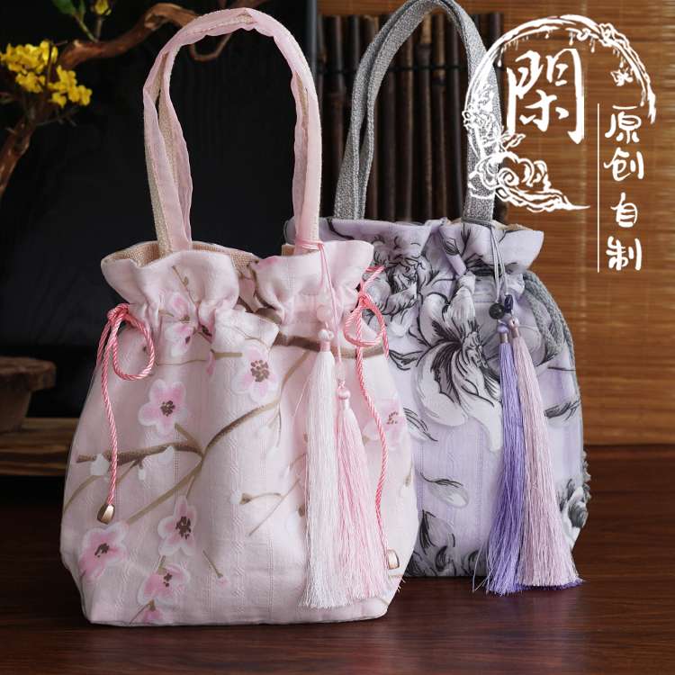 闲原创包邮新版浮纱古风日常汉服包袋流苏斜挎手提女包包粉色桃花