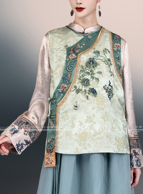 秋季新款国风新中式马夹重工刺绣气质圆领斜襟盘扣绿色马甲上衣女