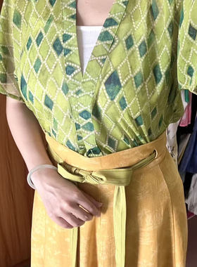 青泠谷原创绿色菱形格印花短袖上衣半裙套装