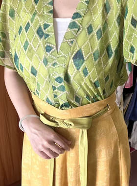 青泠谷原创绿色菱形格印花短袖上衣半裙套装