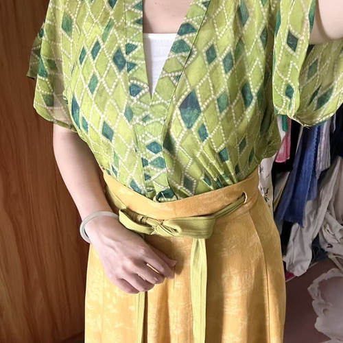 青泠谷原创绿色菱形格印花短袖上衣半裙套装
