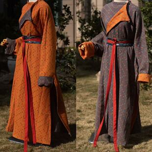 青泠谷原创双面穿全棉纱黑橘小团花圆领袍