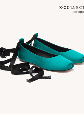 Xcollection23夏新品高端线方头MOKUBA丝带芭蕾舞平跟舒适单鞋女