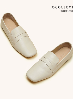Xcollection 经典真皮方头乐福鞋复古平跟羊皮单鞋懒人鞋女