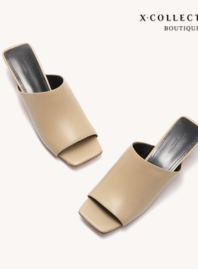 Xcollection23新品高端线极简风方头酒杯跟包头拖凉鞋女