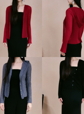 xcollection水溶羊毛柔软亲肤连帽坑条紧身开衫打底