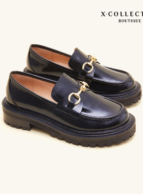 Xcollection boutique秋冬经典圆头马衔扣小皮鞋真皮厚底乐福鞋