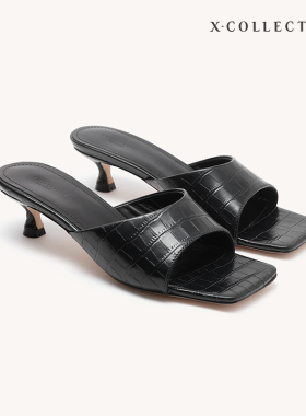 Xcollection23新品高端线b*v风方头酒杯跟凉鞋鳄鱼纹极简女