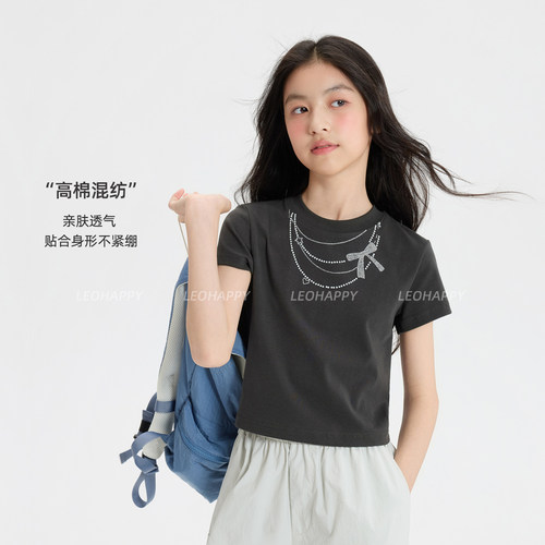 女童短袖t恤烫钻项链短款上衣