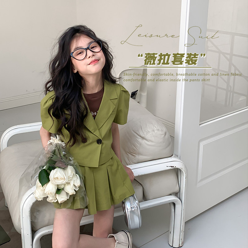 leobaby女童网红套装2023新款儿童西装半身裙裤中大童洋气两件套N