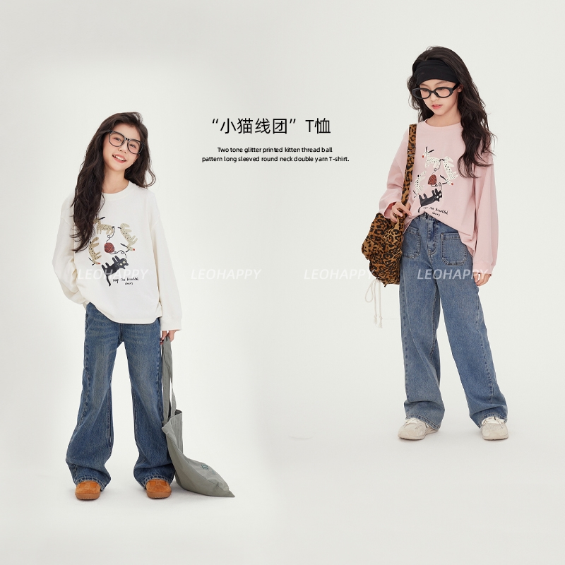 女童长袖t恤儿童套头衫小猫上衣