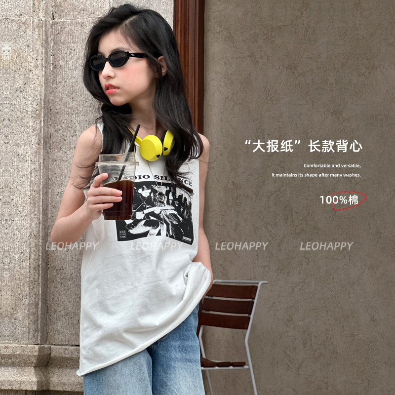 LEOHAPPY女童背心外穿儿童t恤无袖衫长款复古印花亲子装休闲上衣