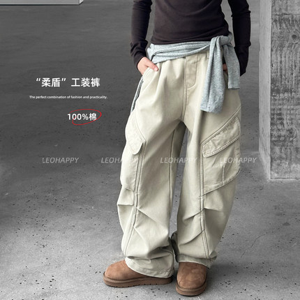 LEOHAPPY女童加绒裤子儿童牛仔裤2025新款中大童工装裤亲子休闲裤