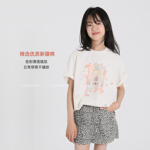 LEOHAPPY儿童短袖t恤2026新款女童T恤新疆棉手工烫钻印花体恤上衣