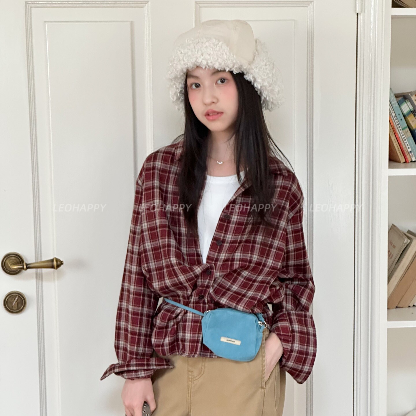 LEOHAPPY女童衬衫长袖儿童外套秋款撞色磨毛格子衫中大童百搭上衣