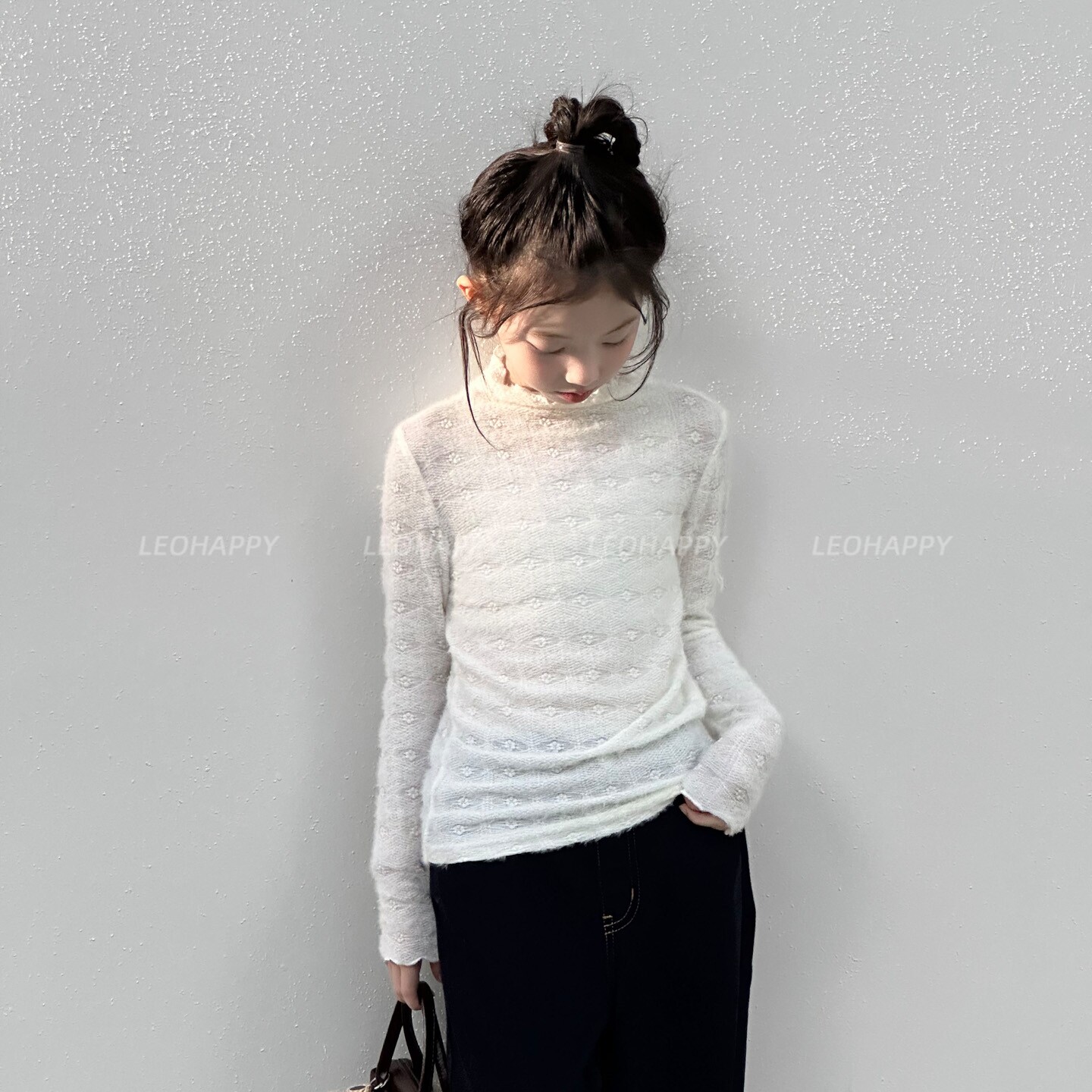 LEOHAPPY女童打底衫2026新款儿童长袖t恤半高领蕾丝大童亲子上衣图片