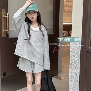 LEOHAPPY女童套裝 大童洋氣兩件套N 兒童衛(wèi)衣休閑短褲 2025春夏新款