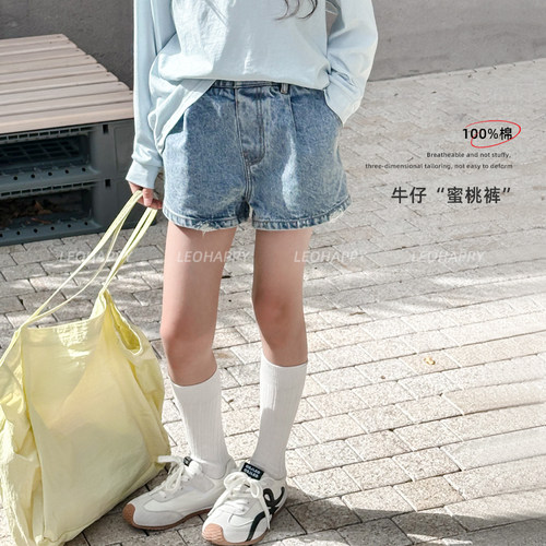 女童裤子儿童短裤破洗旧感牛仔裤