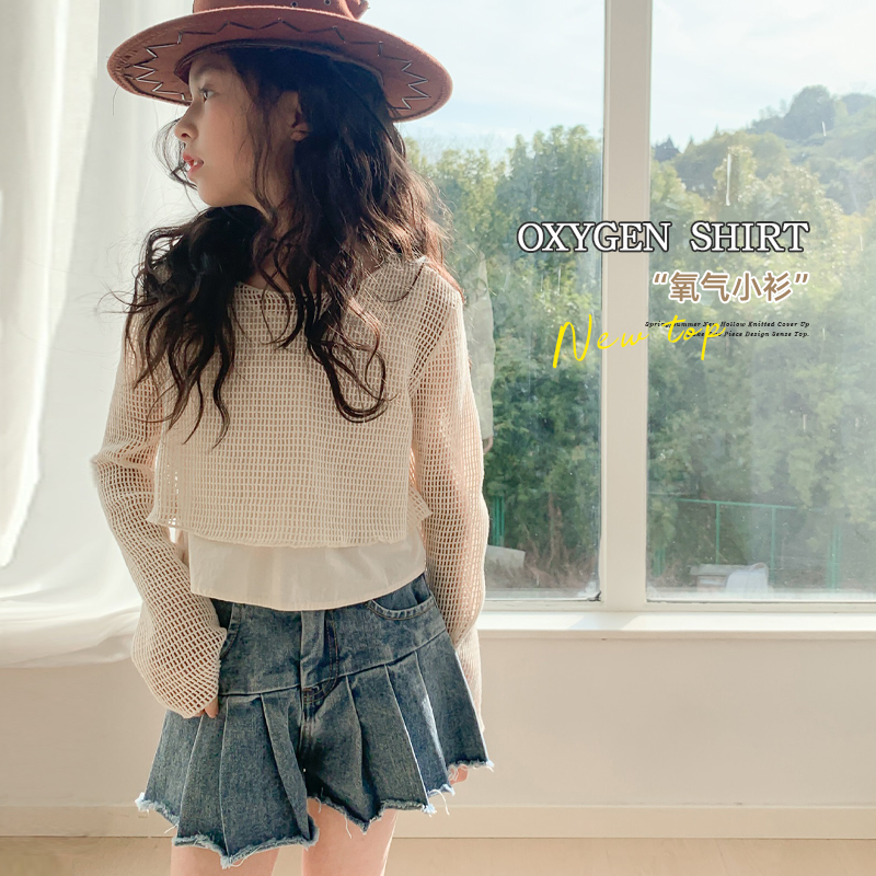 leobaby女童长袖t恤假两件儿童镂空罩衫假两件小衫中大童洋气上衣