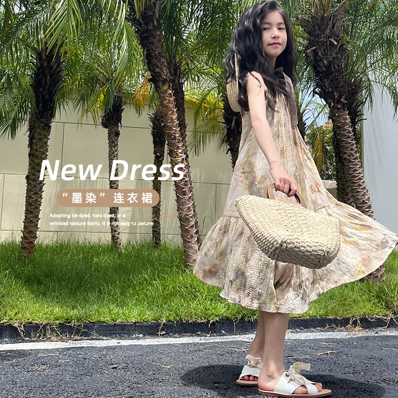 leobaby女童连衣裙夏季新款儿童公主裙晕染吊带中大童度假风长裙N