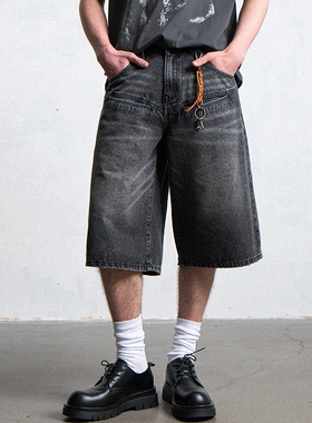 LEONSENSE力上司 做旧复古灰色牛仔7分中裤 水洗猫须多口袋廓形感