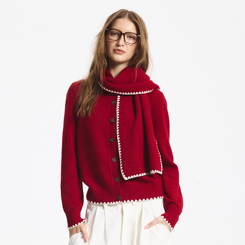 全羊毛红色开衫围巾套装