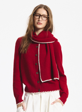 LEONSENSE力上司 羊毛坑条圆领短款开衫围巾套装撞色绣花红色冬装