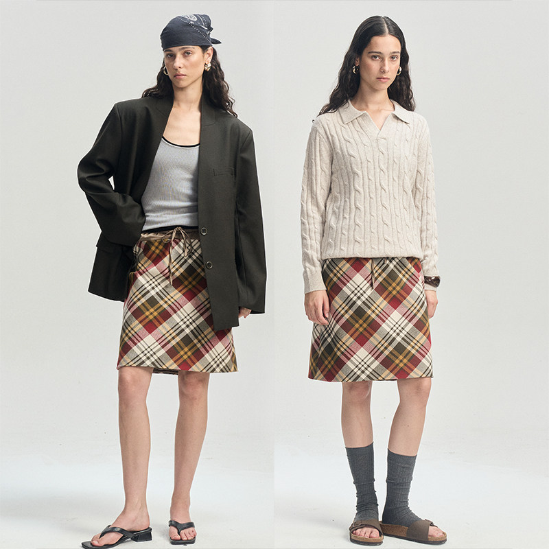 橄榄绿英伦格纹A字半裙