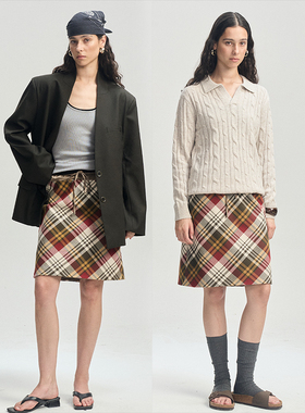 LEONSENSE力上司 英伦格纹A字半裙 橄榄绿色拼接撞色复古休闲女装