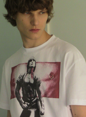 LEONSENSE力上司 胸肌乳环短袖T恤直喷数码印花宽松型白色中性款