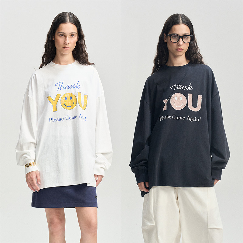 笑脸印花打廓形长袖T恤