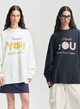 LEONSENSE力上司 笑脸印花圆领Oversize落肩设计大廓形长袖T恤