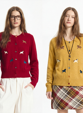 LEONSENSE力上司 100羊毛正肩短款小马万针刺绣圆领开衫冬装新品