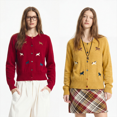 100羊毛正肩短款小马刺绣开衫