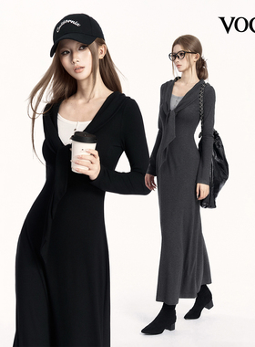 VOCK 松弛周末 百搭假两件通勤连衣裙弹力显瘦长袖针织裙内搭长裙