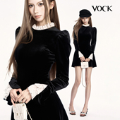 VOCK 连衣裙子 复古气质情人节丝绒拼接白蕾丝领修身 千金特调 法式